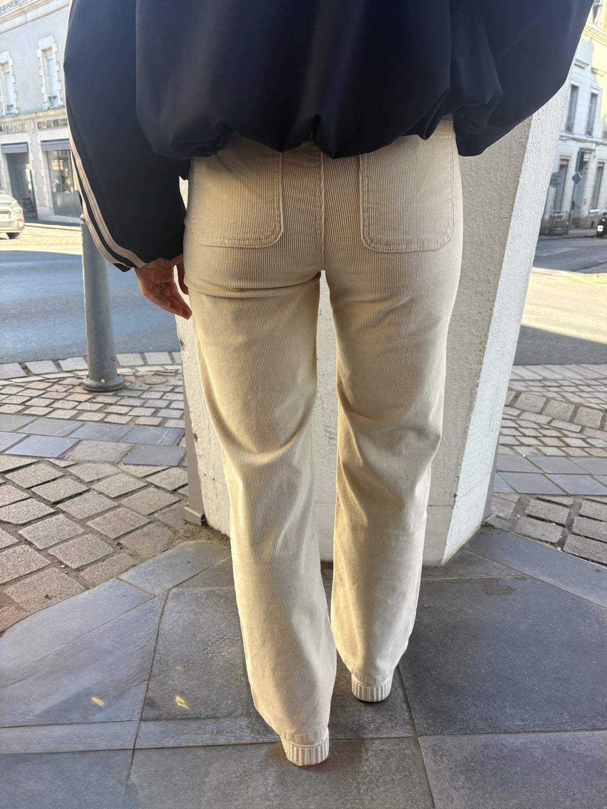 Pantalon élastiqué écru en velours
