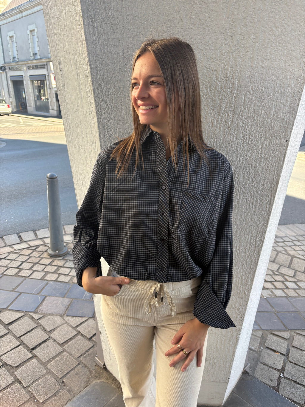 Chemise courte à carreaux marine