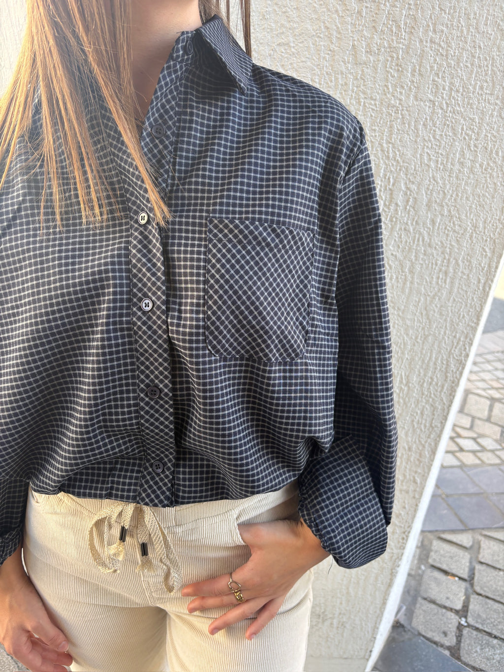 Chemise courte à carreaux marine