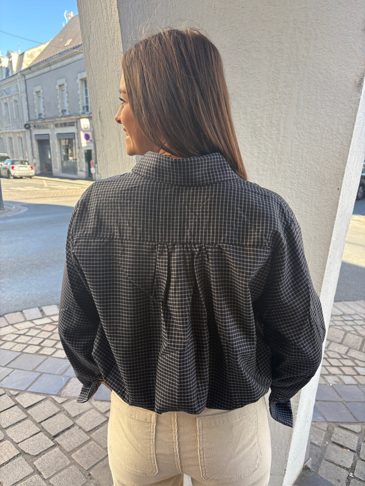 Chemise courte à carreaux marine