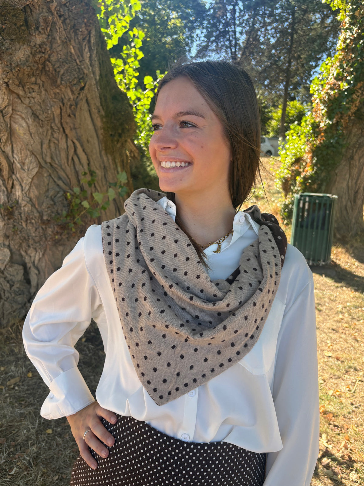 Foulard triangle à pois - Chocolat et Beige
