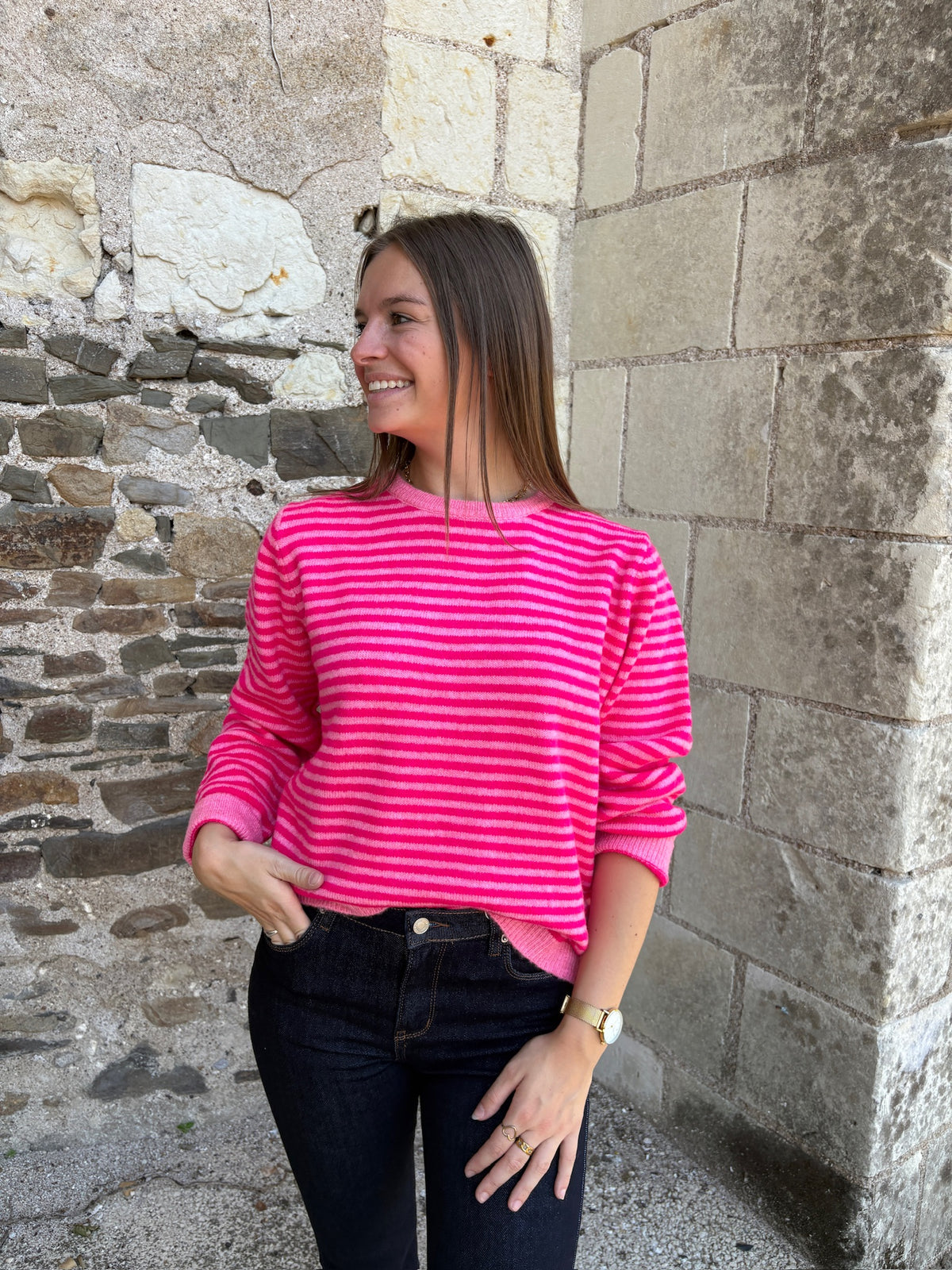Pull/Gilet à rayures - Rose Fuchsia