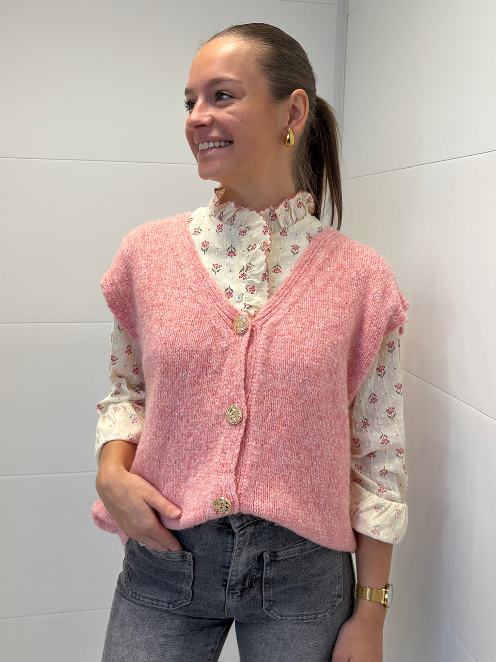 Gilet à boutons dorés - Rose pâle