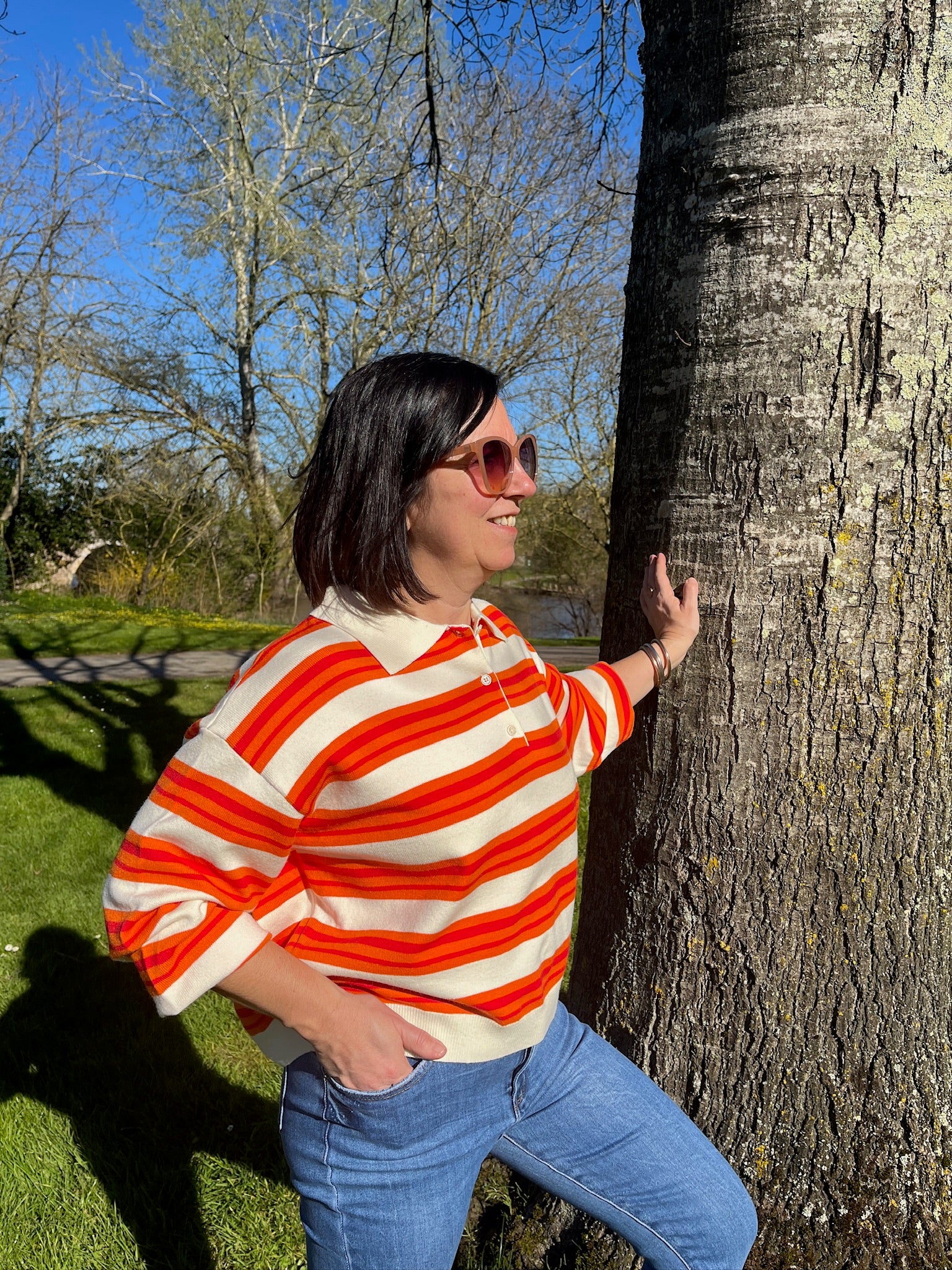 Pull à rayures - Orange