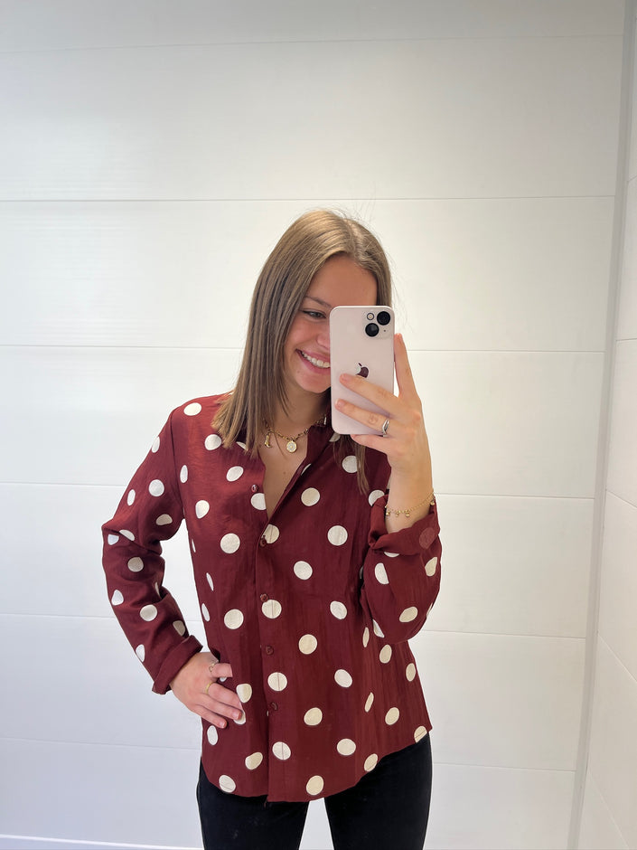 Chemisier bordeaux à pois blanc