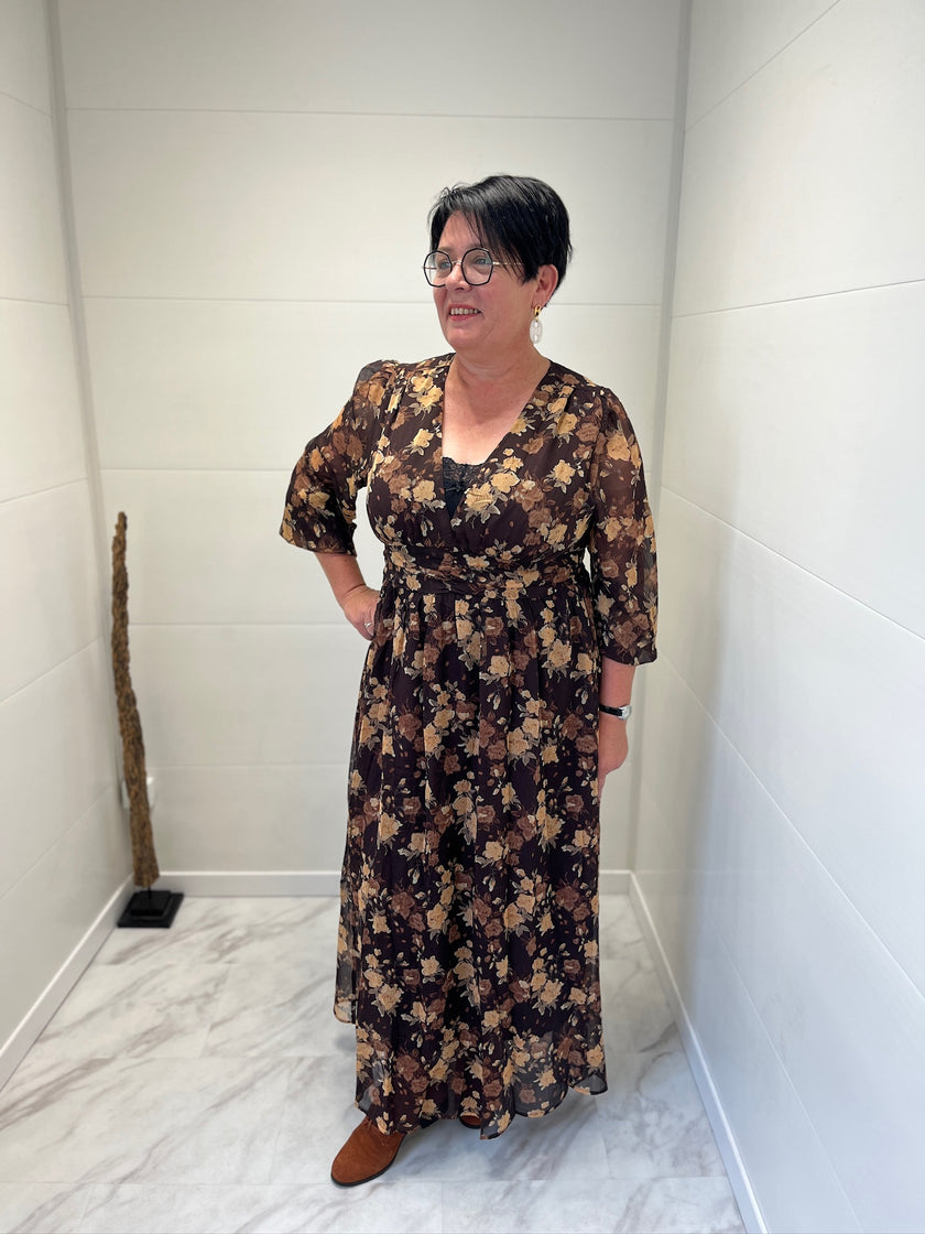 Robe longue fleuri camel