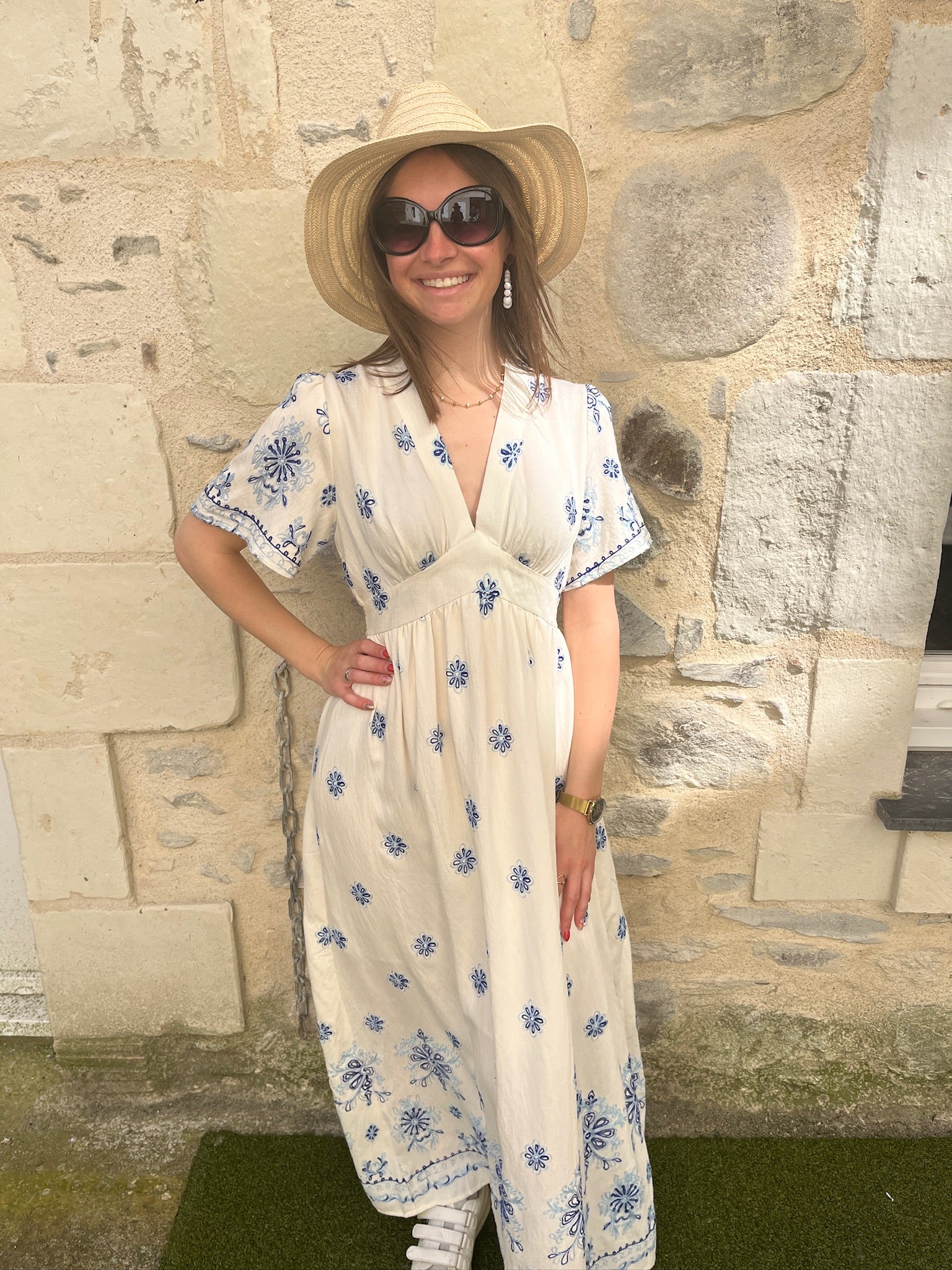 Robe longue Angéline - Bleu et Écru