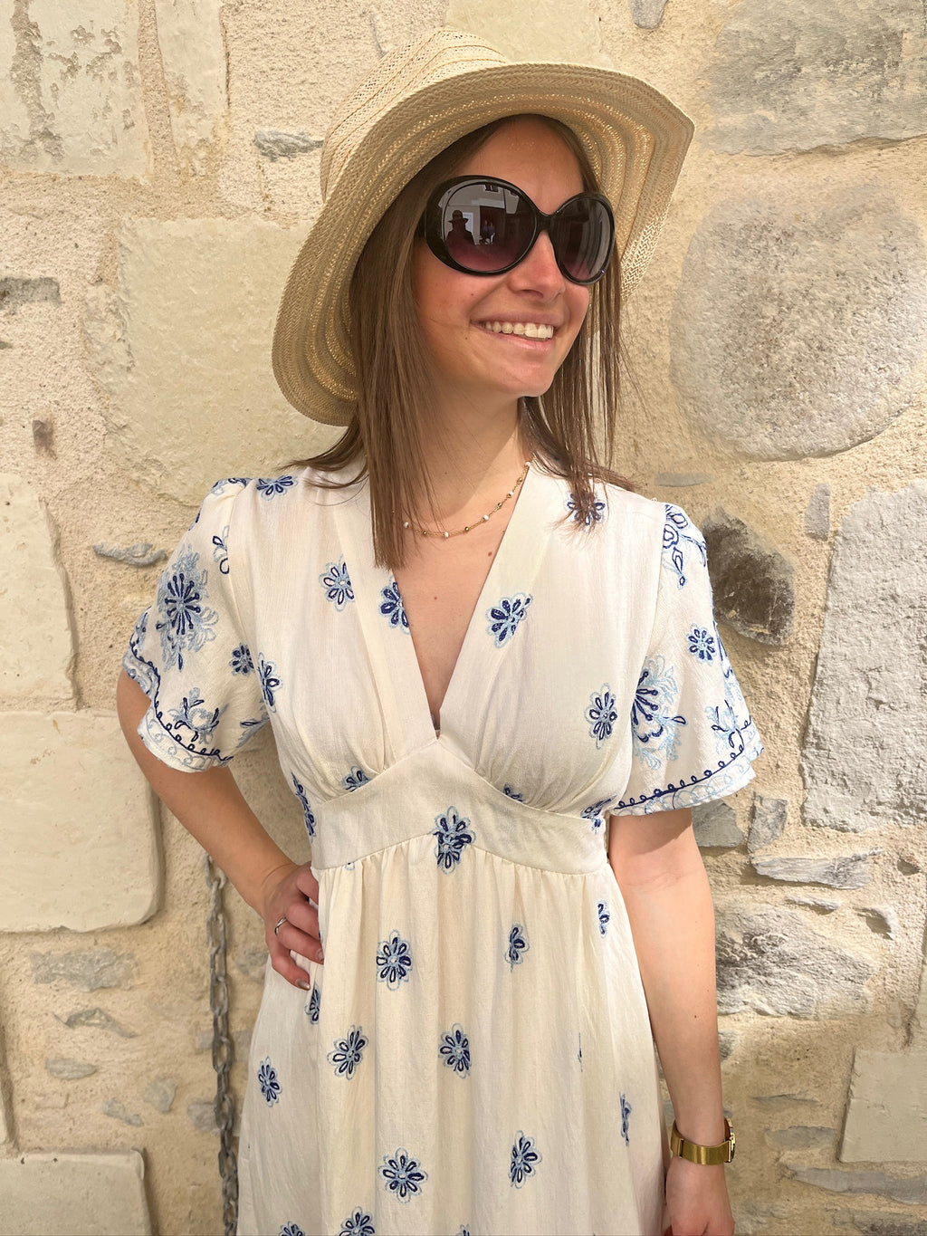 Robe longue Angéline - Bleu et Écru