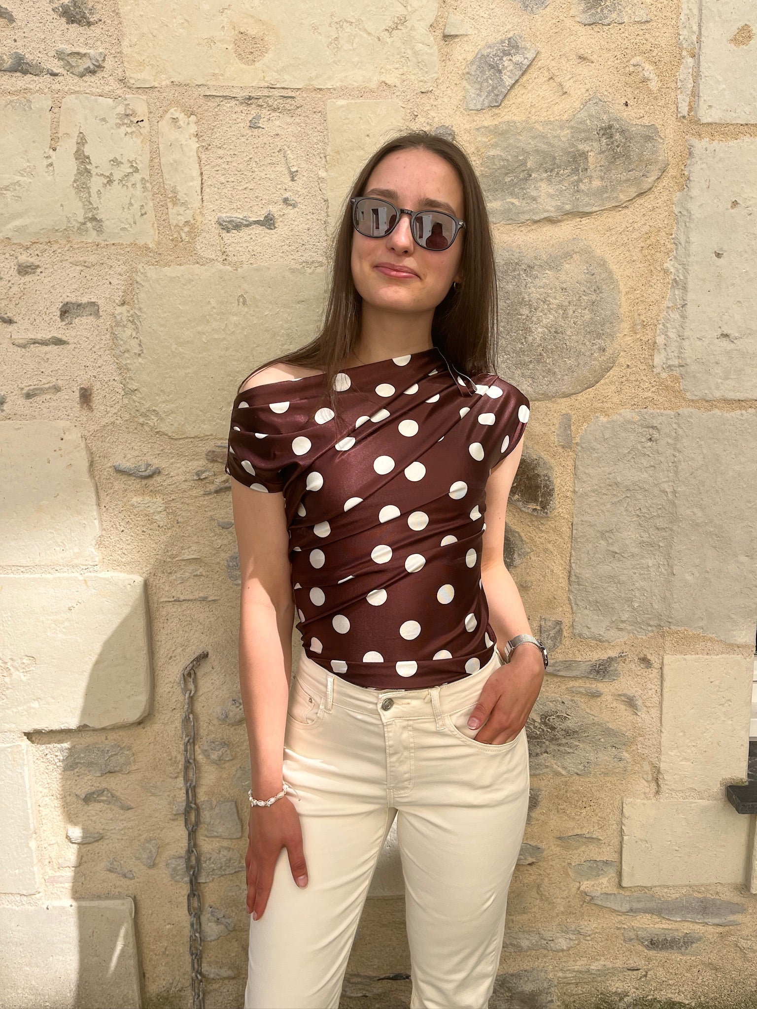 Haut accordéon à pois - Beige