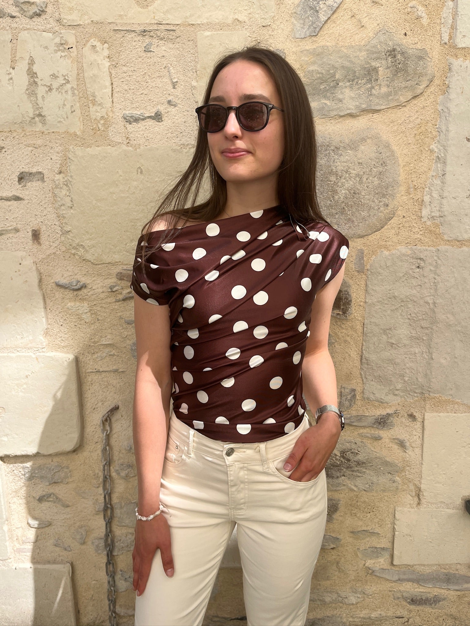 Haut accordéon à pois - Beige