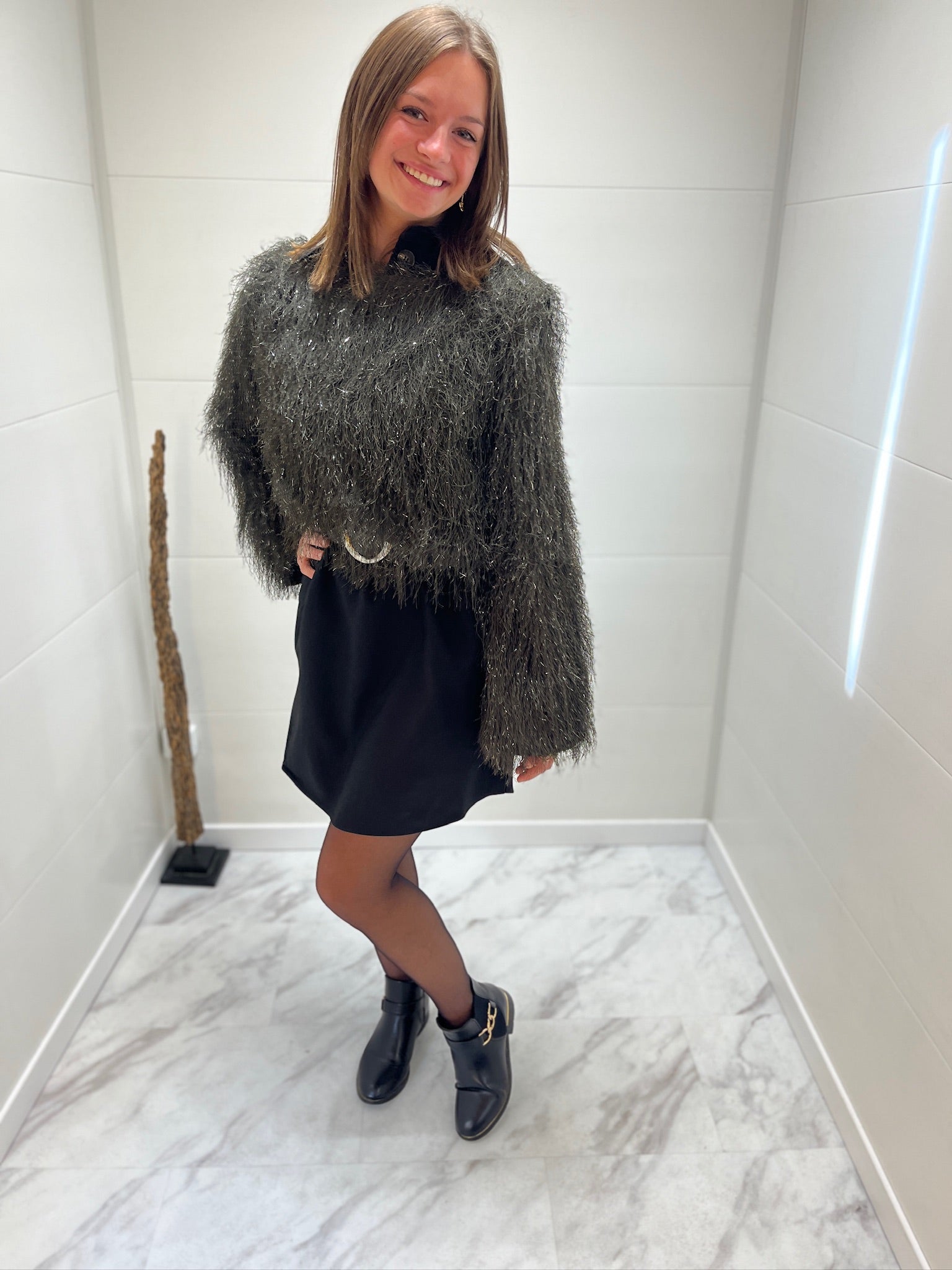 Haut à fausse fourrure pailleté kaki