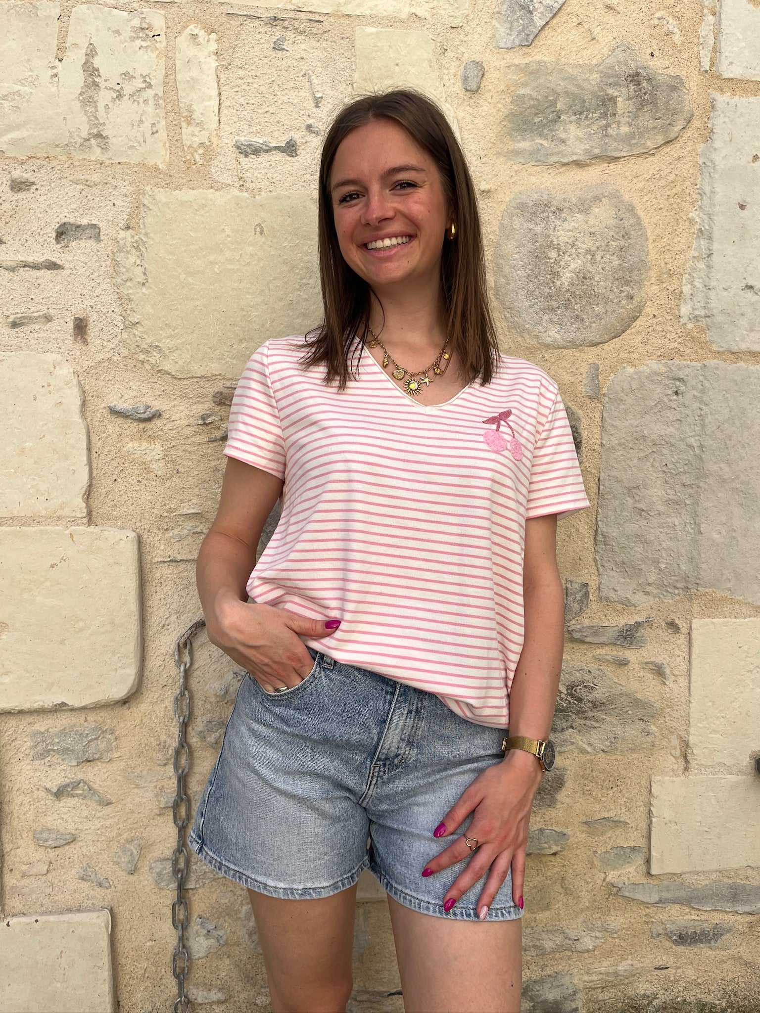 Tee-shirt rayures cerise - Rose