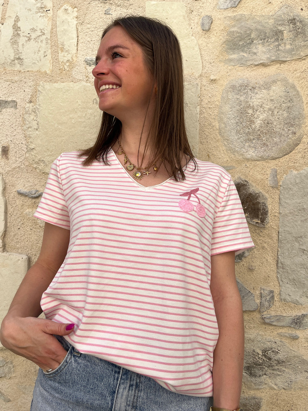 Tee-shirt rayures cerise - Rose