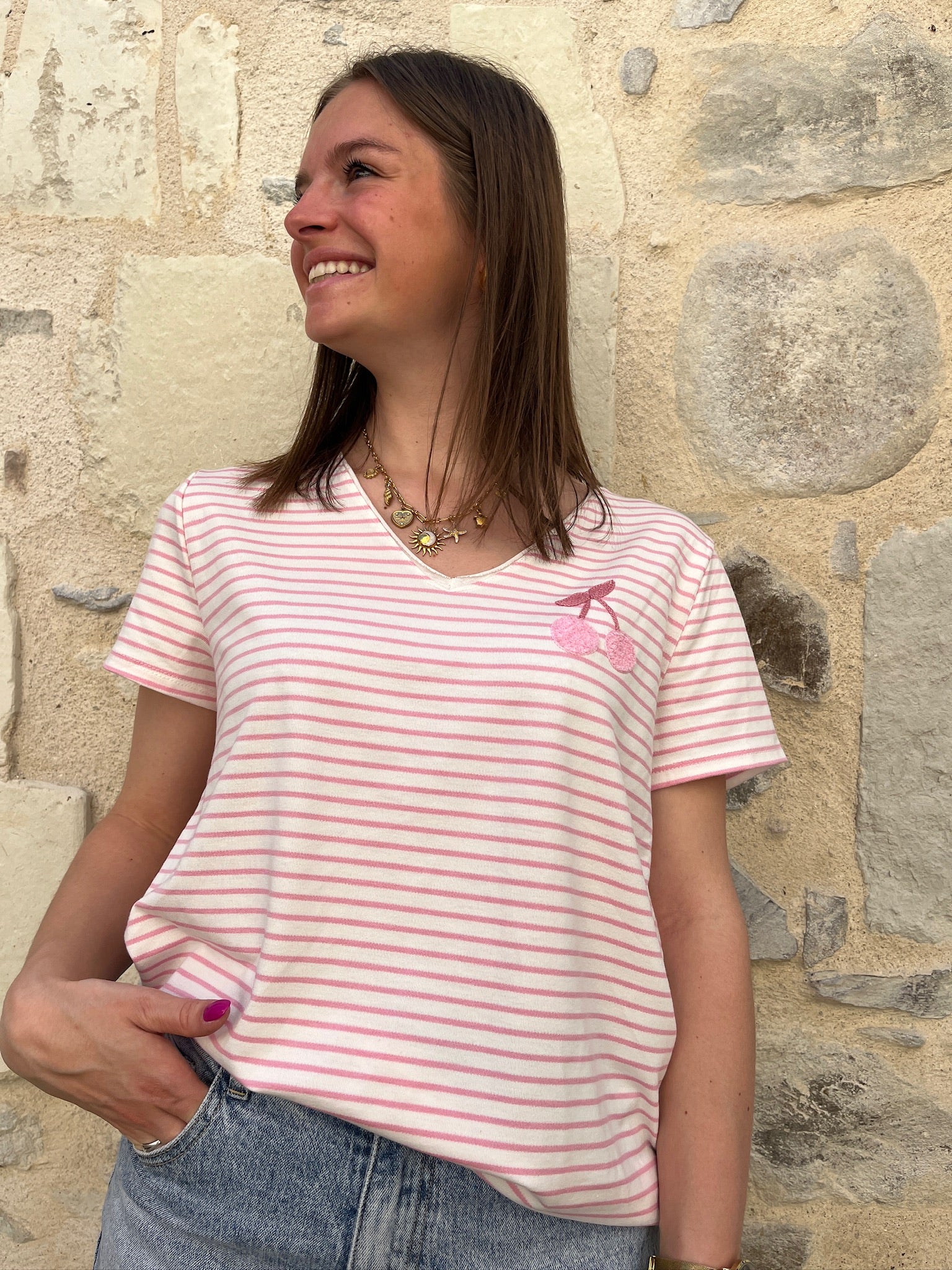 Tee-shirt rayures cerise - Rose