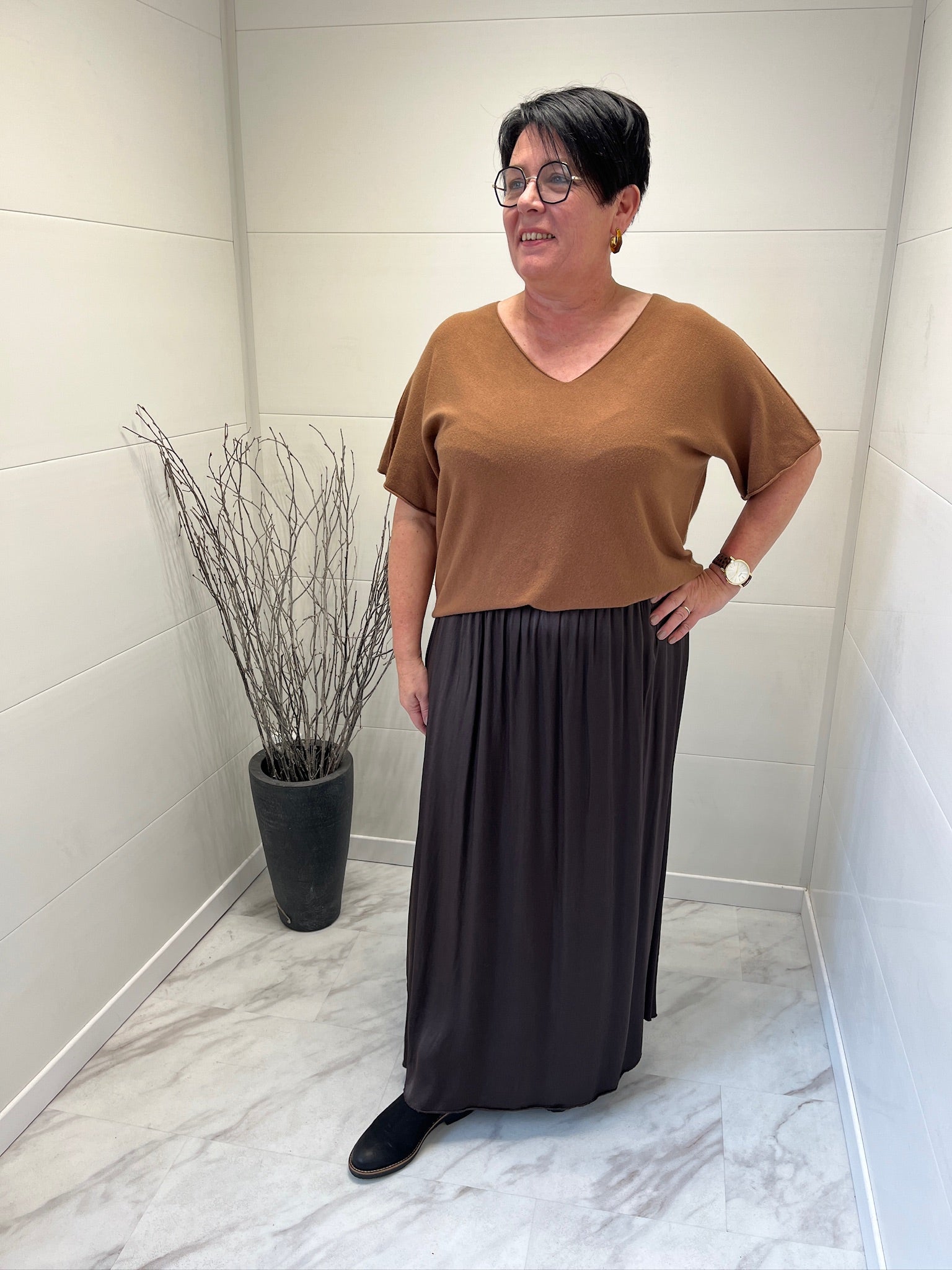 Jupe satin chocolat élastiquée