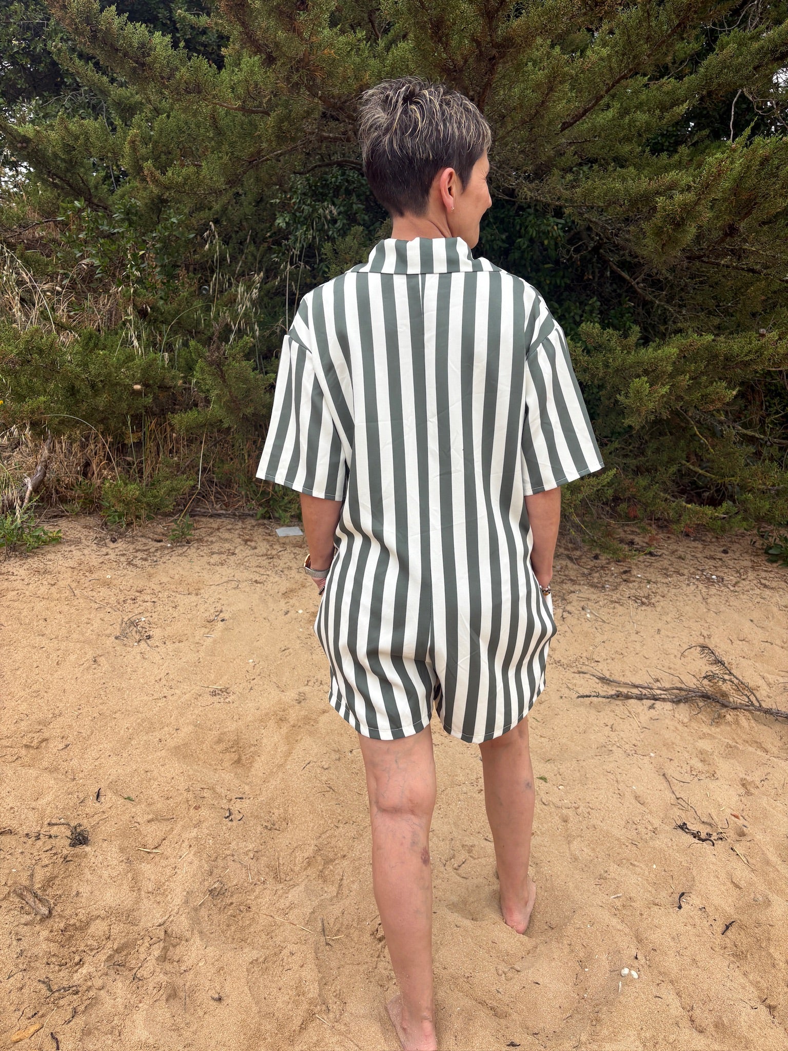Combi-short à rayures - Kaki et Blanc