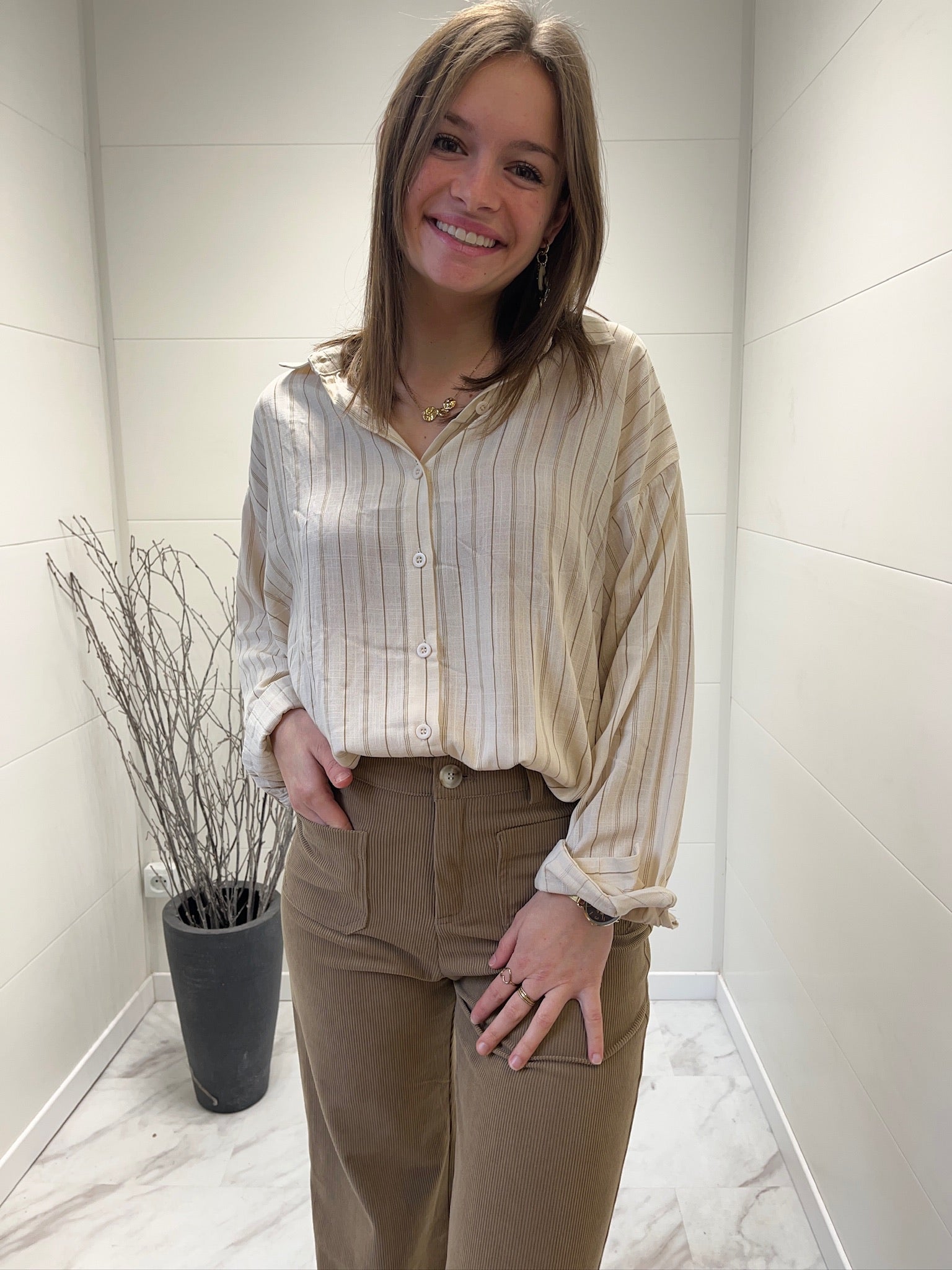 Chemise à rayures et broderies Camel