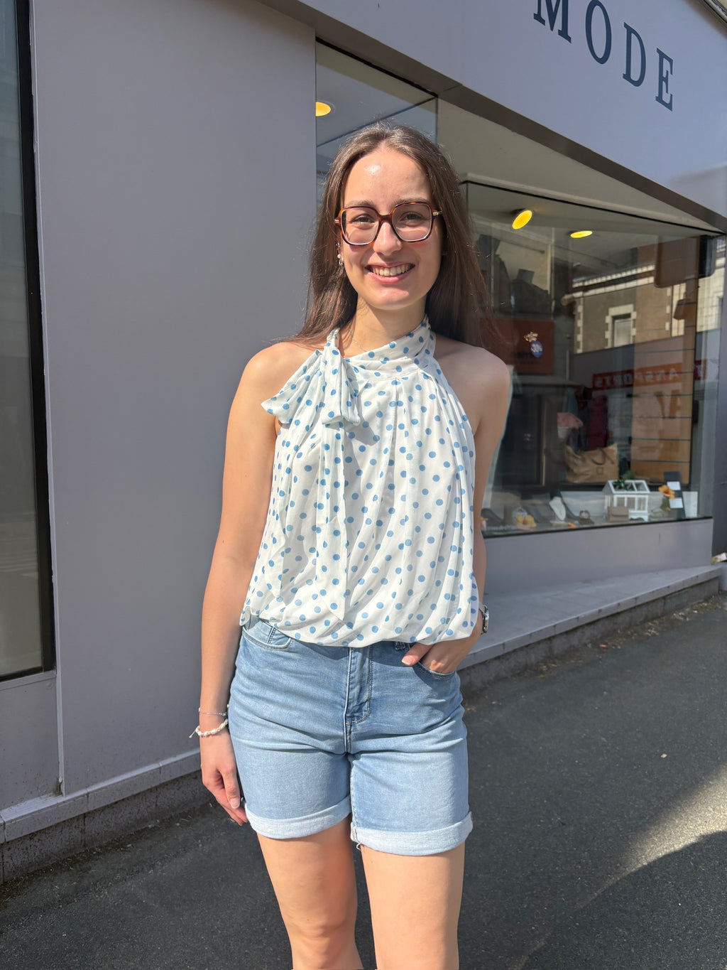 Top Emi - Blanc à pois bleu
