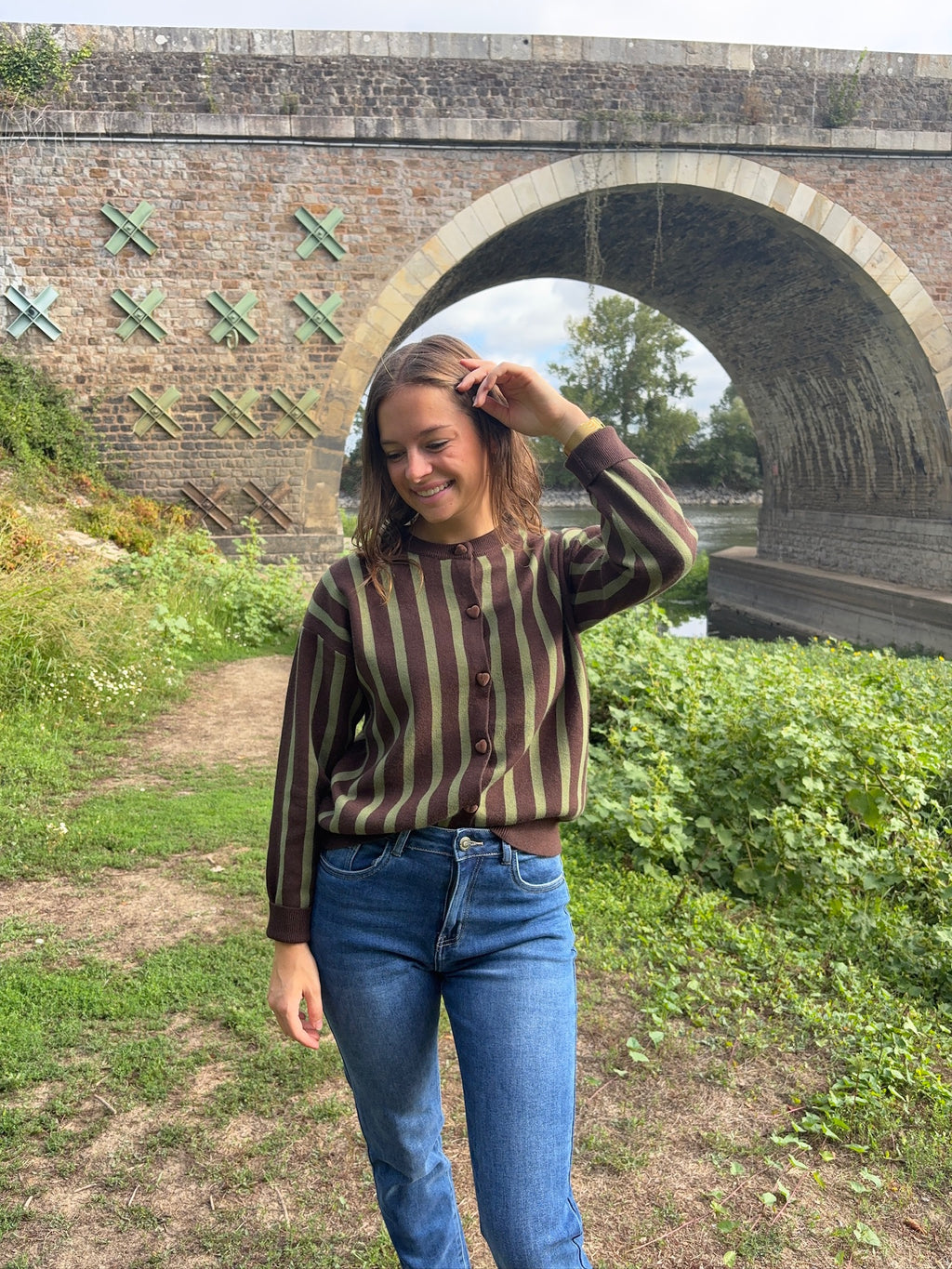 Pull marinière - Marron et Olive