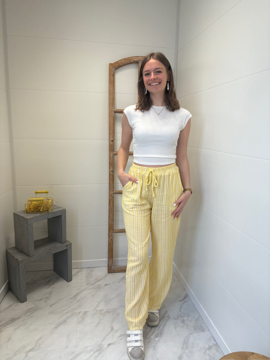 Pantalon Leewen à rayures en gaz de coton - Jaune