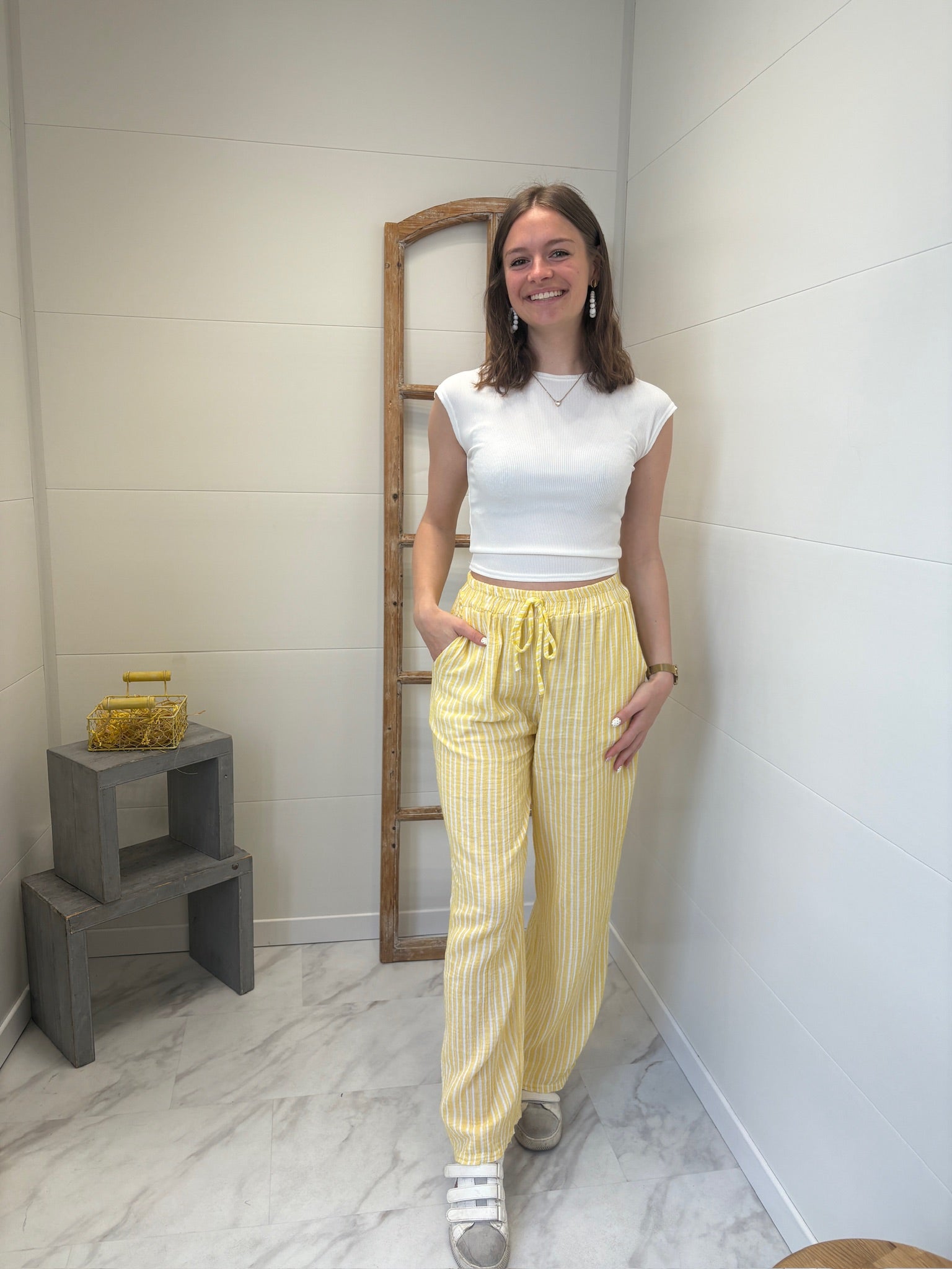 Pantalon Leewen à rayures en gaz de coton - Jaune