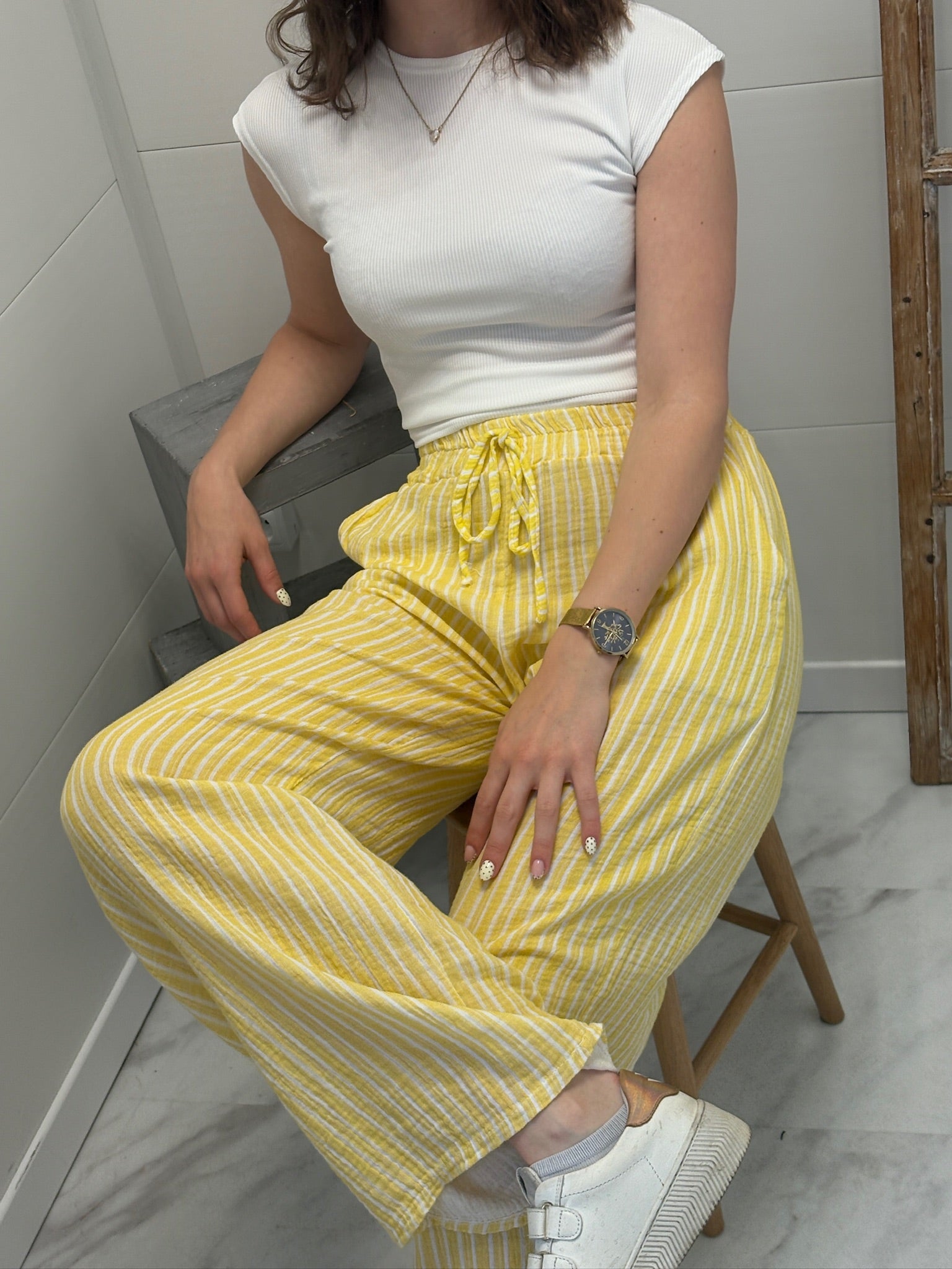 Pantalon Leewen à rayures en gaz de coton - Jaune