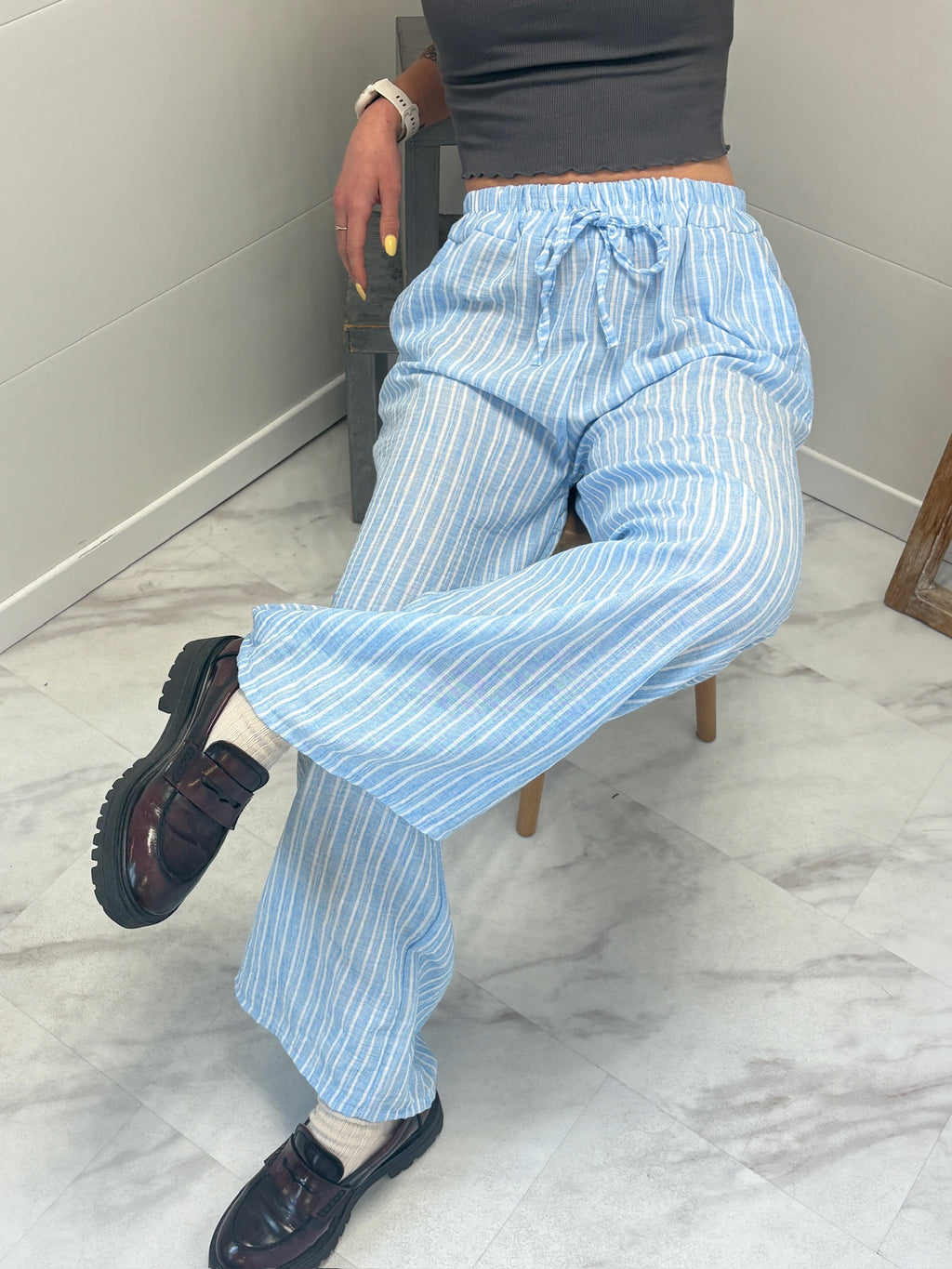 Pantalon Leewen à rayures en gaz de coton - Bleu